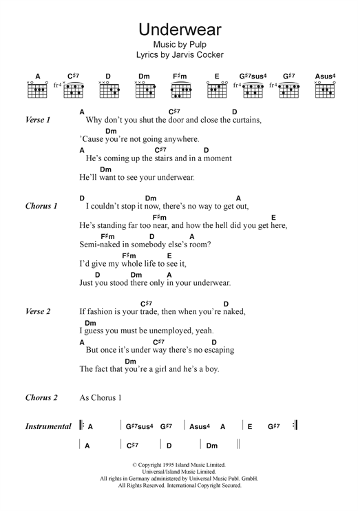 Download Pulp Underwear Sheet Music and learn how to play Lyrics & Chords PDF digital score in minutes