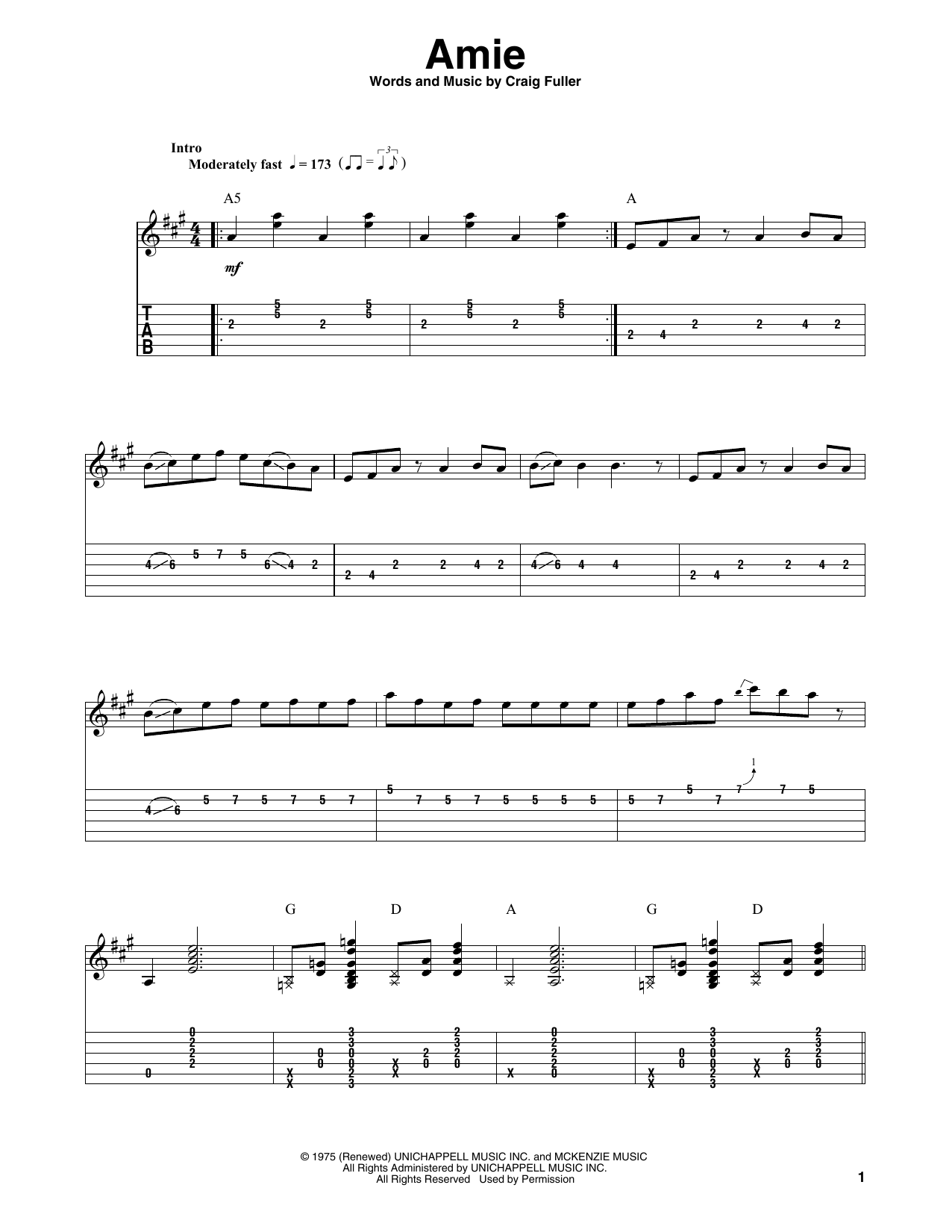 Download Pure Prairie League Amie Sheet Music and learn how to play Easy Guitar PDF digital score in minutes