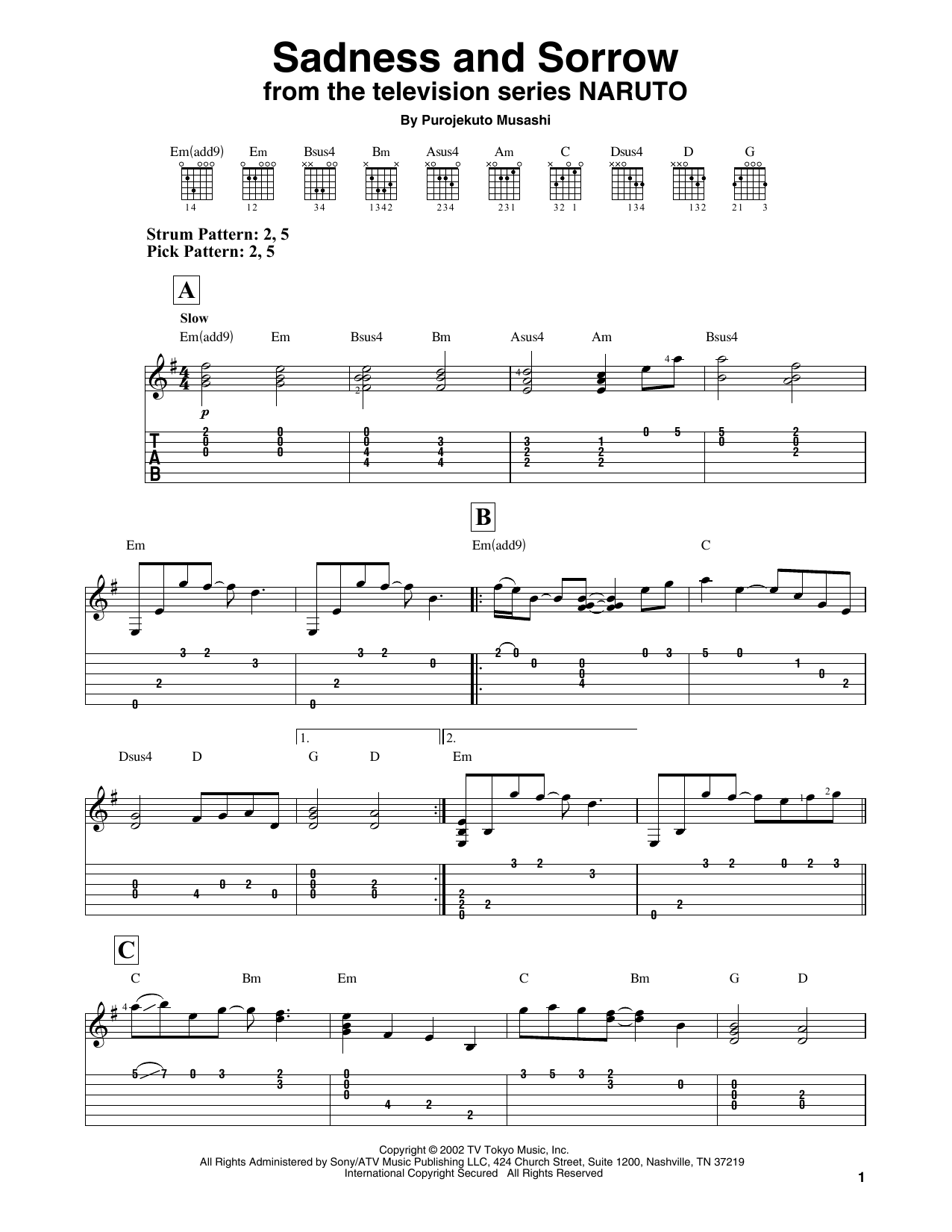 Download Purojekuto Musashi Sadness And Sorrow (from Naruto) Sheet Music and learn how to play Easy Guitar Tab PDF digital score in minutes