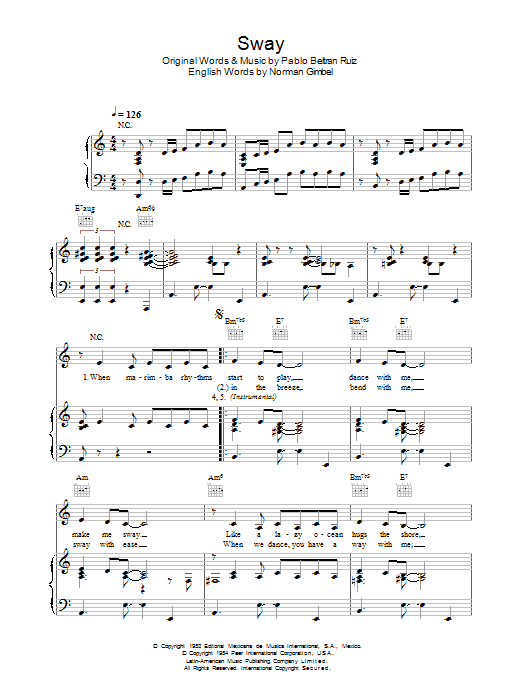 Download Pussycat Dolls Sway (Quien Sera) Sheet Music and learn how to play Piano, Vocal & Guitar (Right-Hand Melody) PDF digital score in minutes