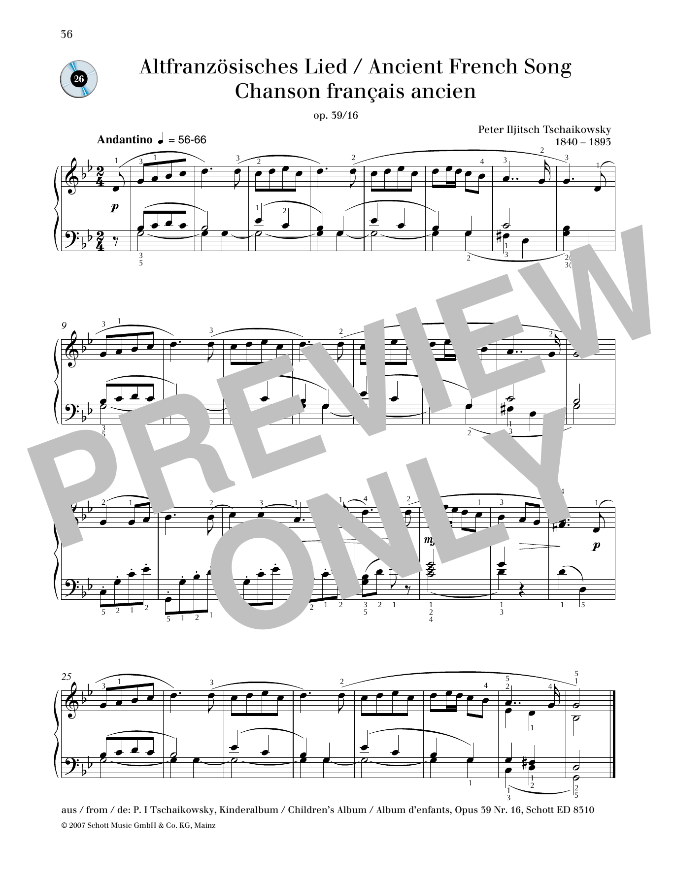 Download Pyotr Il'yich Tchaikovsky Ancient French Song Sheet Music and learn how to play Piano Solo PDF digital score in minutes