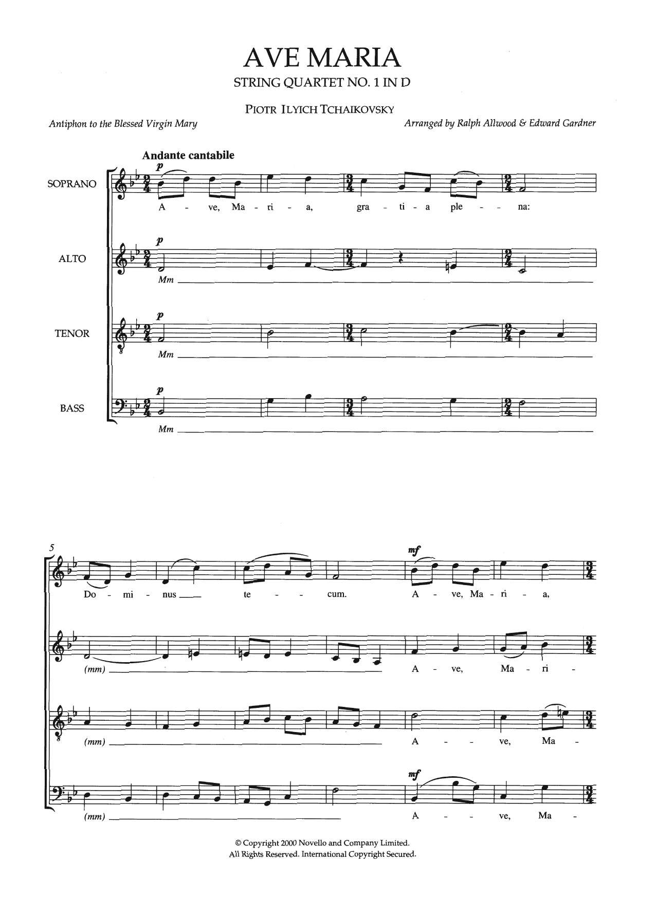 Download Pyotr Il'yich Tchaikovsky Ave Maria (String Quartet No.1 In D) (arr. Ralph Allwood and Edward Gardner) Sheet Music and learn how to play Choir PDF digital score in minutes