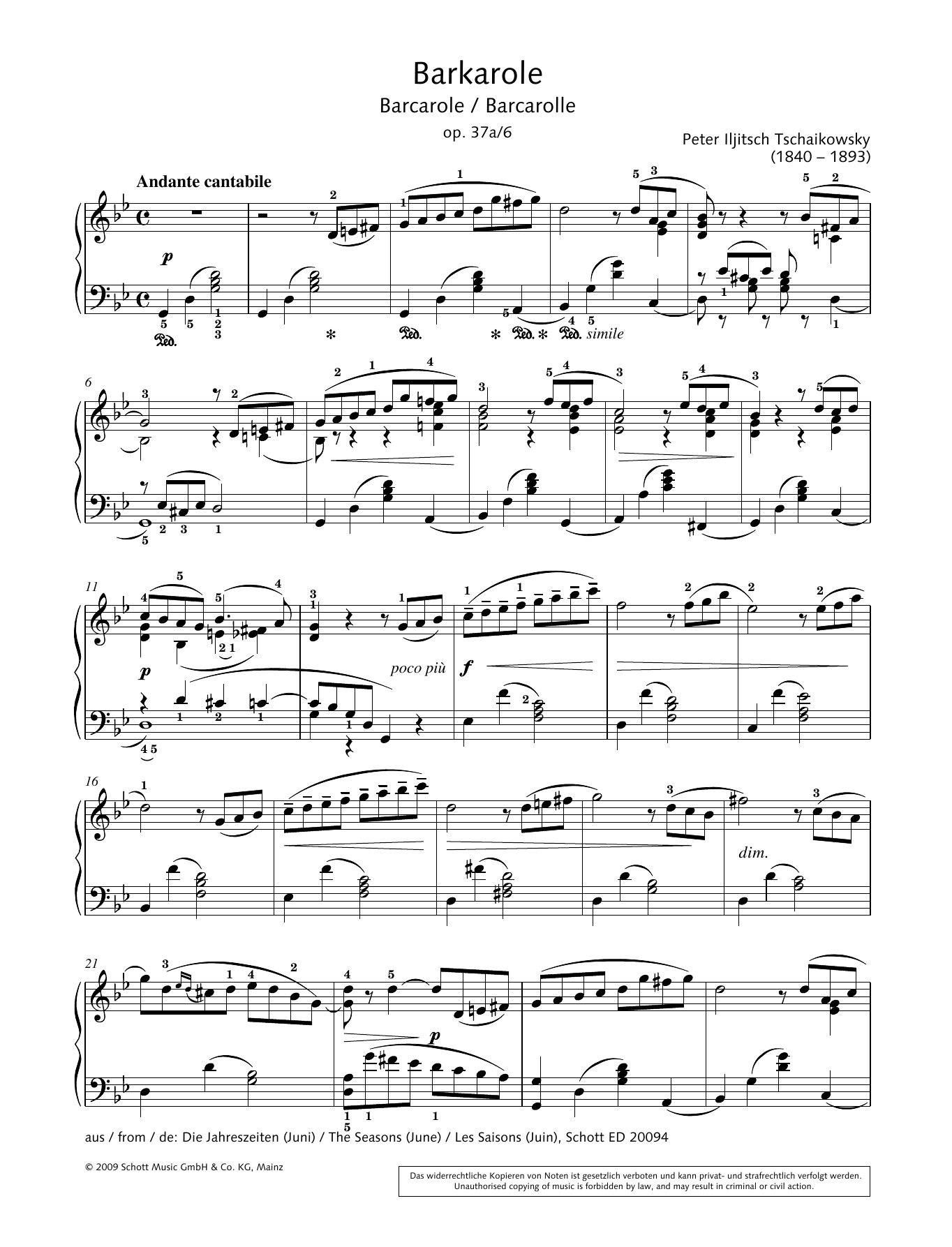 Download Pyotr Il'yich Tchaikovsky Barcarole Sheet Music and learn how to play Piano Solo PDF digital score in minutes