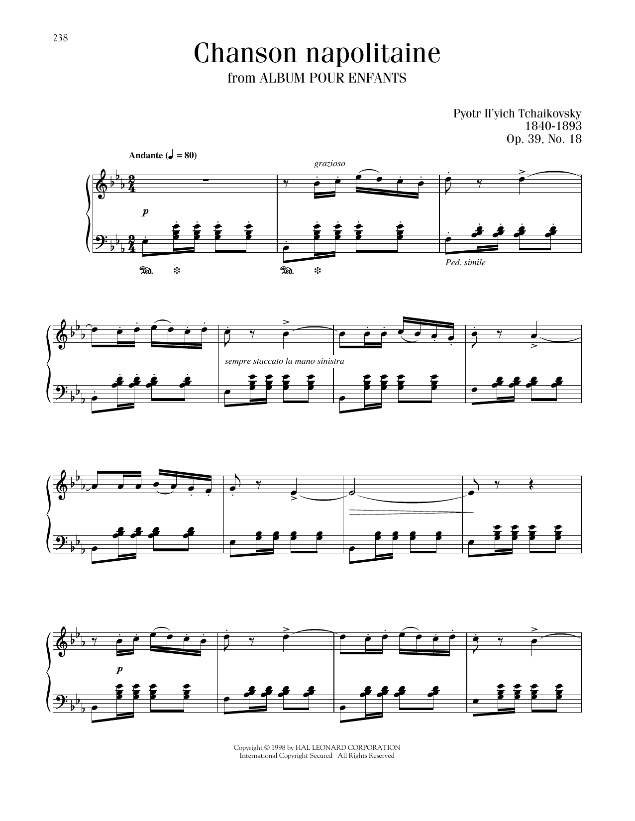 Download Pyotr Il'yich Tchaikovsky Chanson Napolitaine Sheet Music and learn how to play Piano Solo PDF digital score in minutes