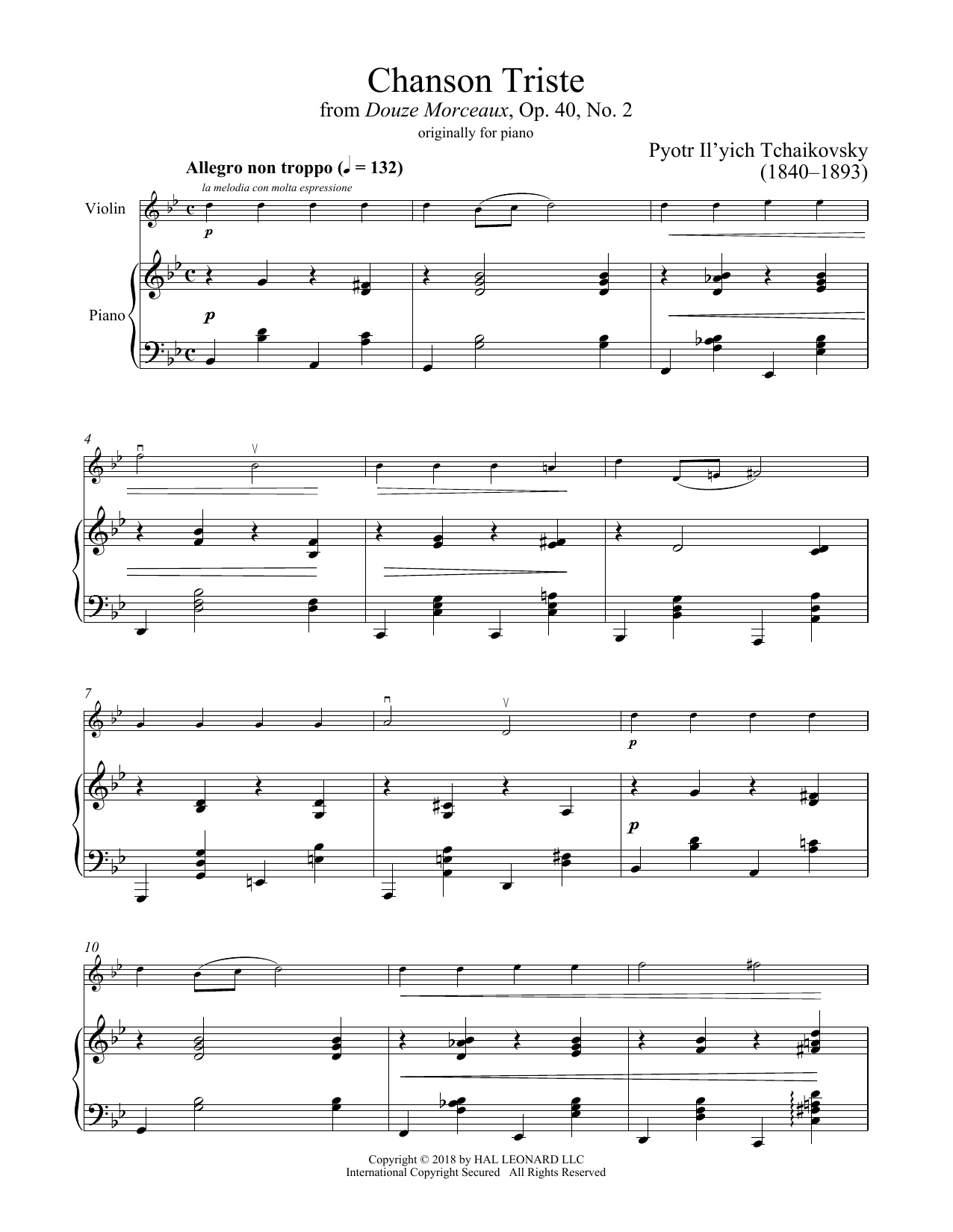 Download Pyotr Il'yich Tchaikovsky Chanson Triste, Op. 40, No. 2 Sheet Music and learn how to play Violin and Piano PDF digital score in minutes