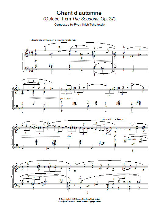 Download Pyotr Ilyich Tchaikovsky Chant d'automne (October from 'The Seasons' Op. 37) Sheet Music and learn how to play Piano PDF digital score in minutes