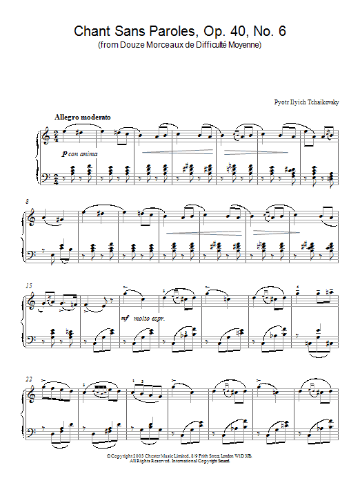 Download Pyotr Ilyich Tchaikovsky Chant Sans Paroles, Op. 40, No. 6 (from Douze Morceaux de Difficulté Moyenne) Sheet Music and learn how to play Piano PDF digital score in minutes