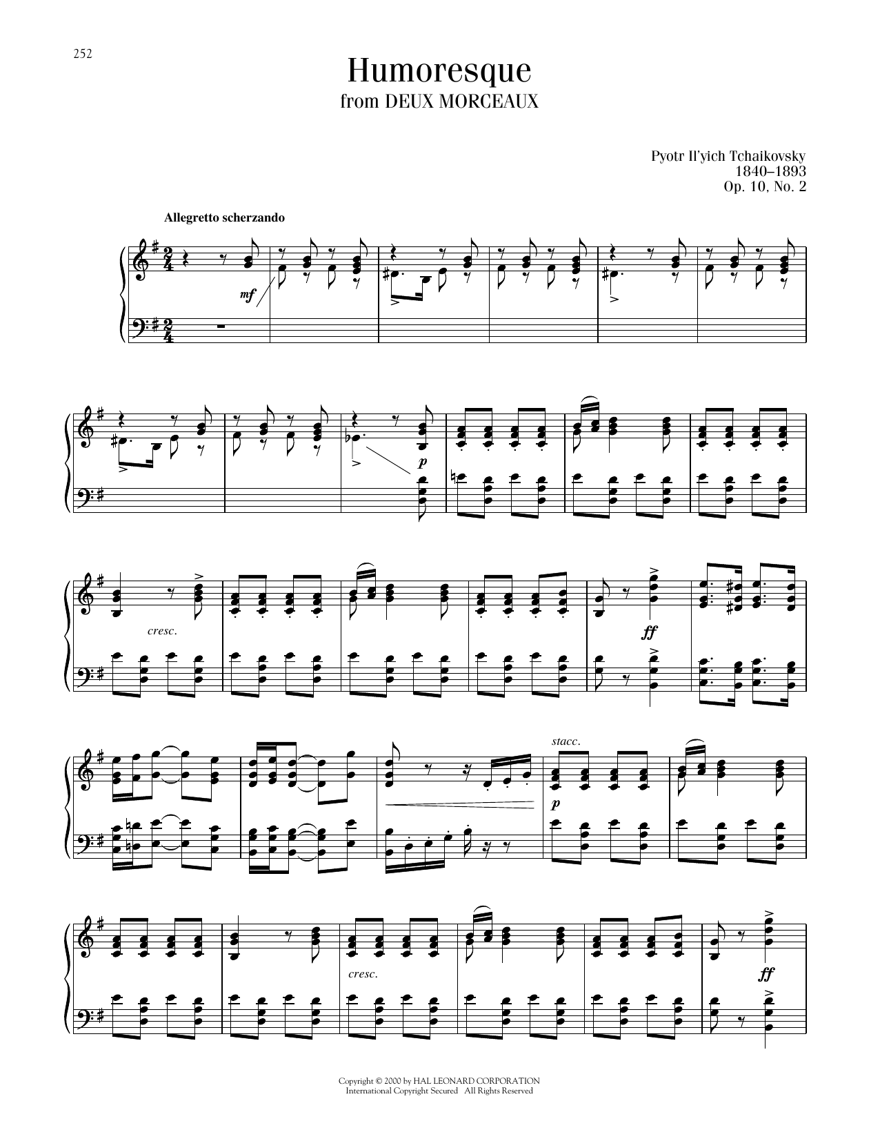 Download Pyotr Il'yich Tchaikovsky Humoresque, Op. 10, No. 2 Sheet Music and learn how to play Piano Solo PDF digital score in minutes