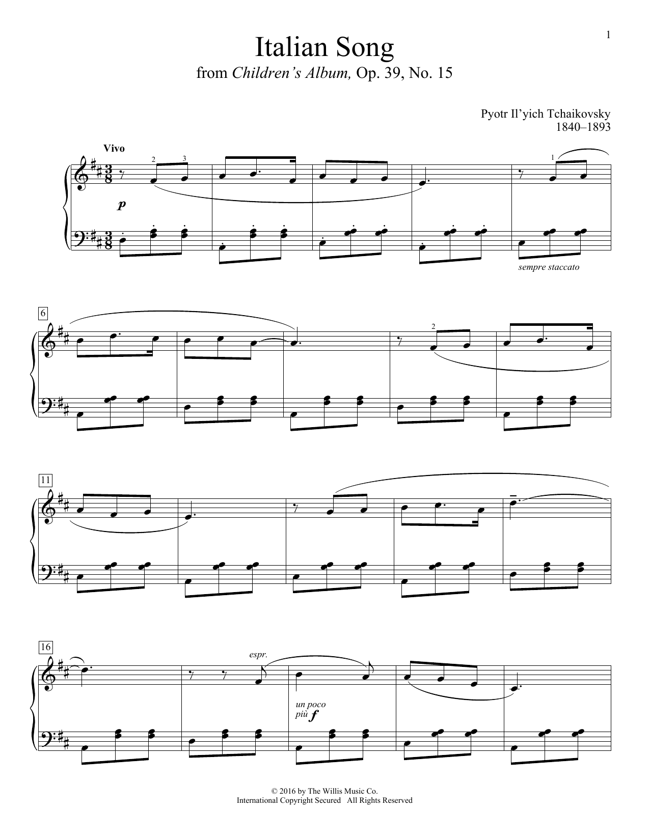 Download Pyotr Il'yich Tchaikovsky Italian Song Sheet Music and learn how to play Educational Piano PDF digital score in minutes
