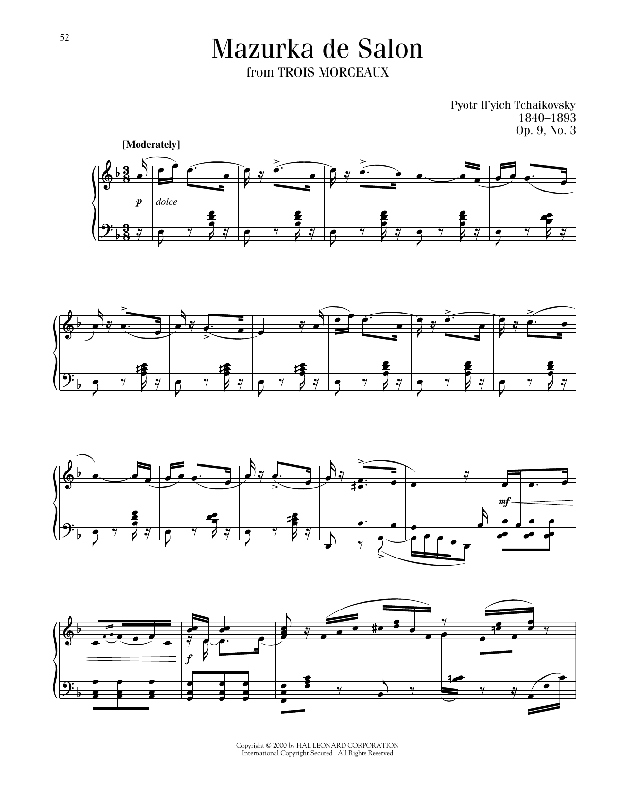 Download Pyotr Il'yich Tchaikovsky Mazurka De Salon, Op. 9, No. 3 Sheet Music and learn how to play Piano Solo PDF digital score in minutes