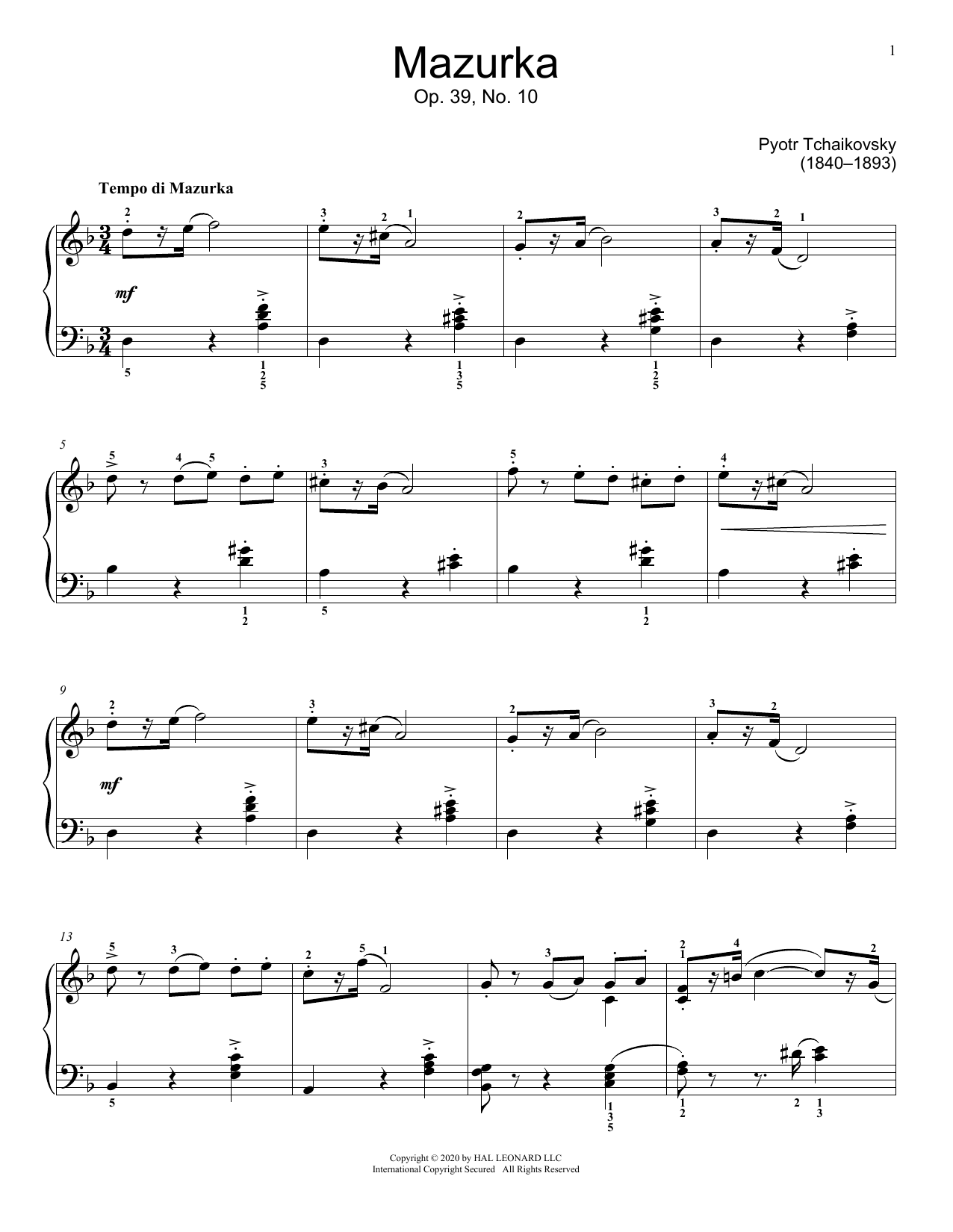 Download Pyotr Il'yich Tchaikovsky Mazurka In D Minor, Op. 39, No. 10 Sheet Music and learn how to play Educational Piano PDF digital score in minutes