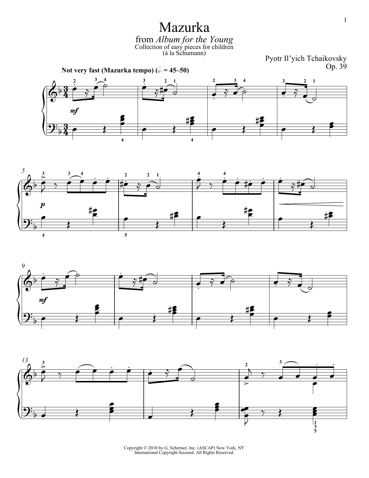Download Pyotr Il'yich Tchaikovsky Mazurka Sheet Music and learn how to play Piano PDF digital score in minutes