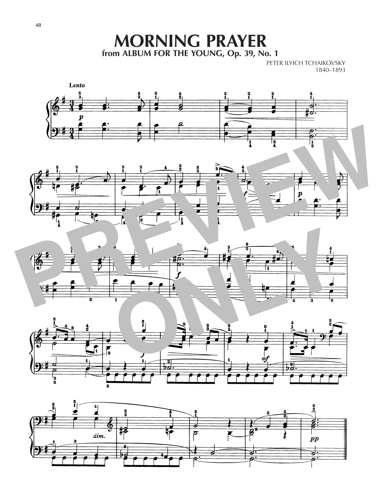 Download Pyotr Il'yich Tchaikovsky Morning Prayer, Op. 39, No. 1 Sheet Music and learn how to play Piano Solo PDF digital score in minutes