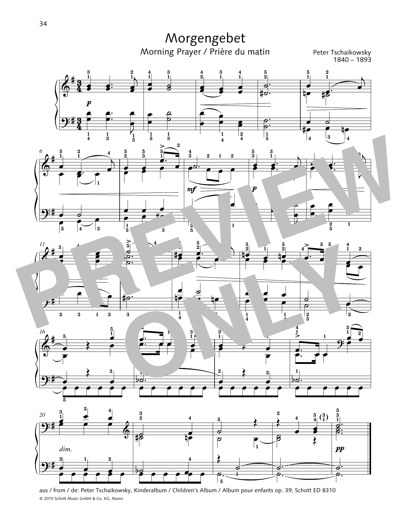 Download Pyotr Il'yich Tchaikovsky Morning Prayer Sheet Music and learn how to play Piano Solo PDF digital score in minutes