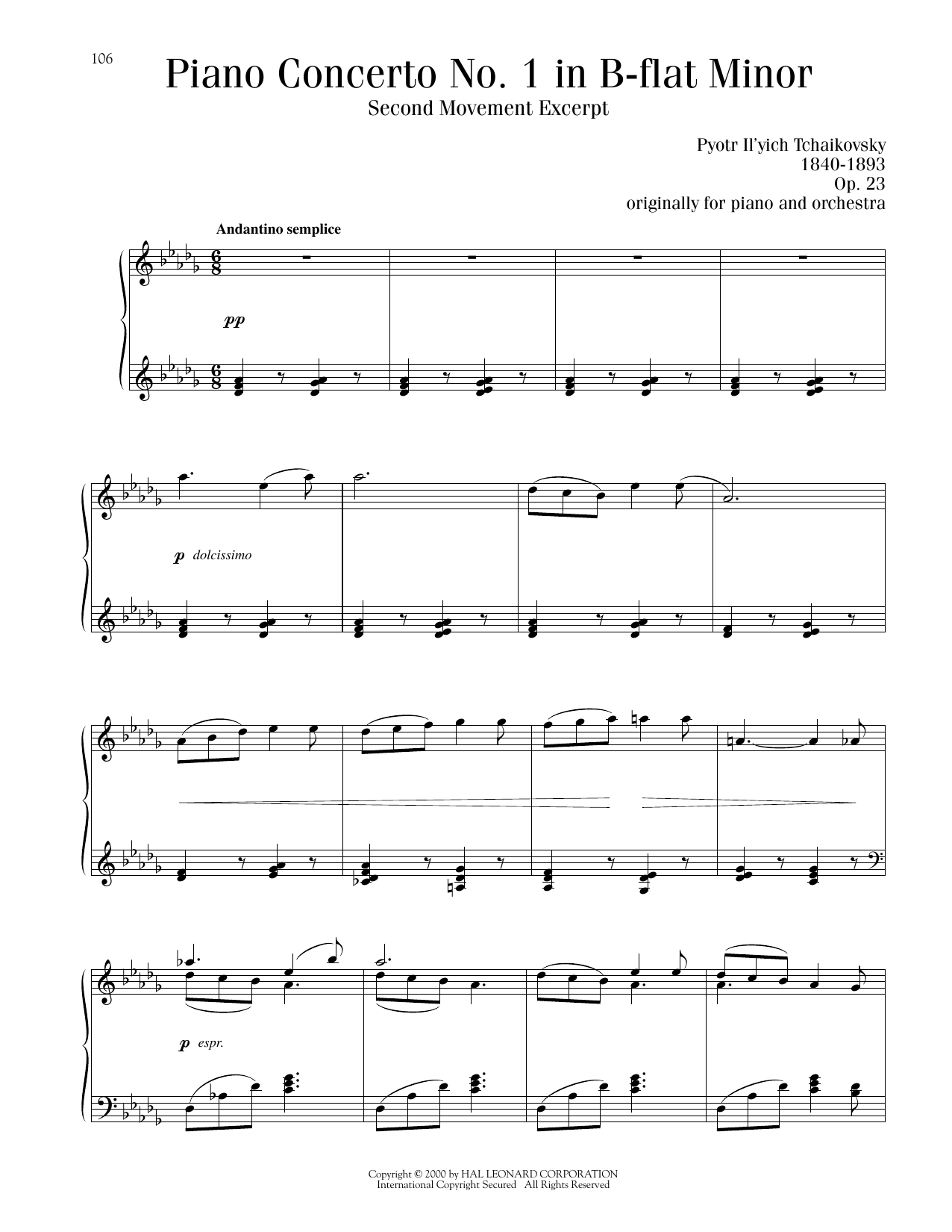 Download Pyotr Il'yich Tchaikovsky Piano Concerto No. 1 In B-Flat Minor, Op. 23, Second Movement Excerpt Sheet Music and learn how to play Piano Solo PDF digital score in minutes