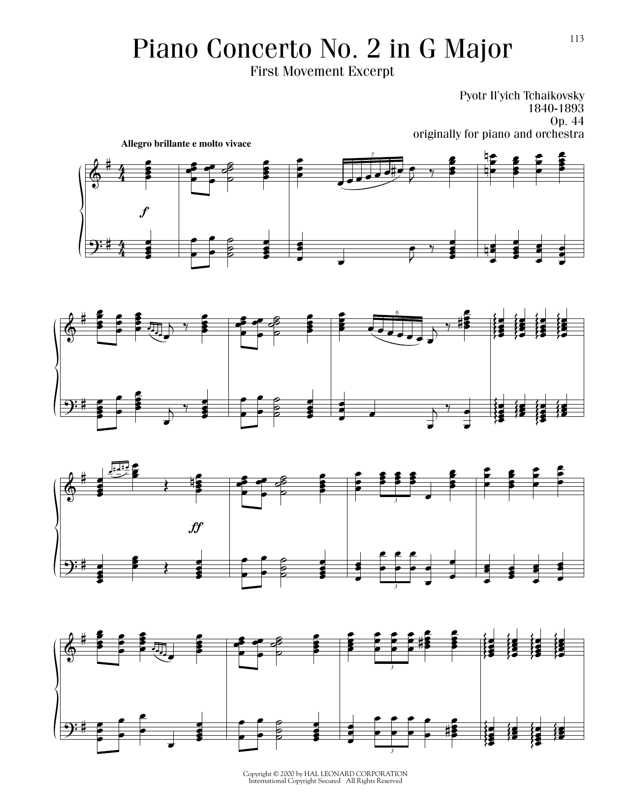 Download Pyotr Il'yich Tchaikovsky Piano Concerto No. 2 In G Major, Op. 44, First Movement Excerpt Sheet Music and learn how to play Piano Solo PDF digital score in minutes
