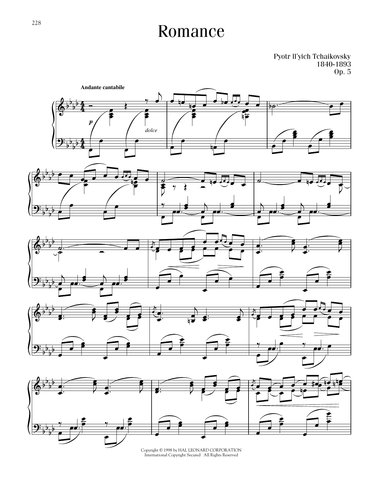 Download Pyotr Il'yich Tchaikovsky Romance, Op. 5 Sheet Music and learn how to play Piano Solo PDF digital score in minutes