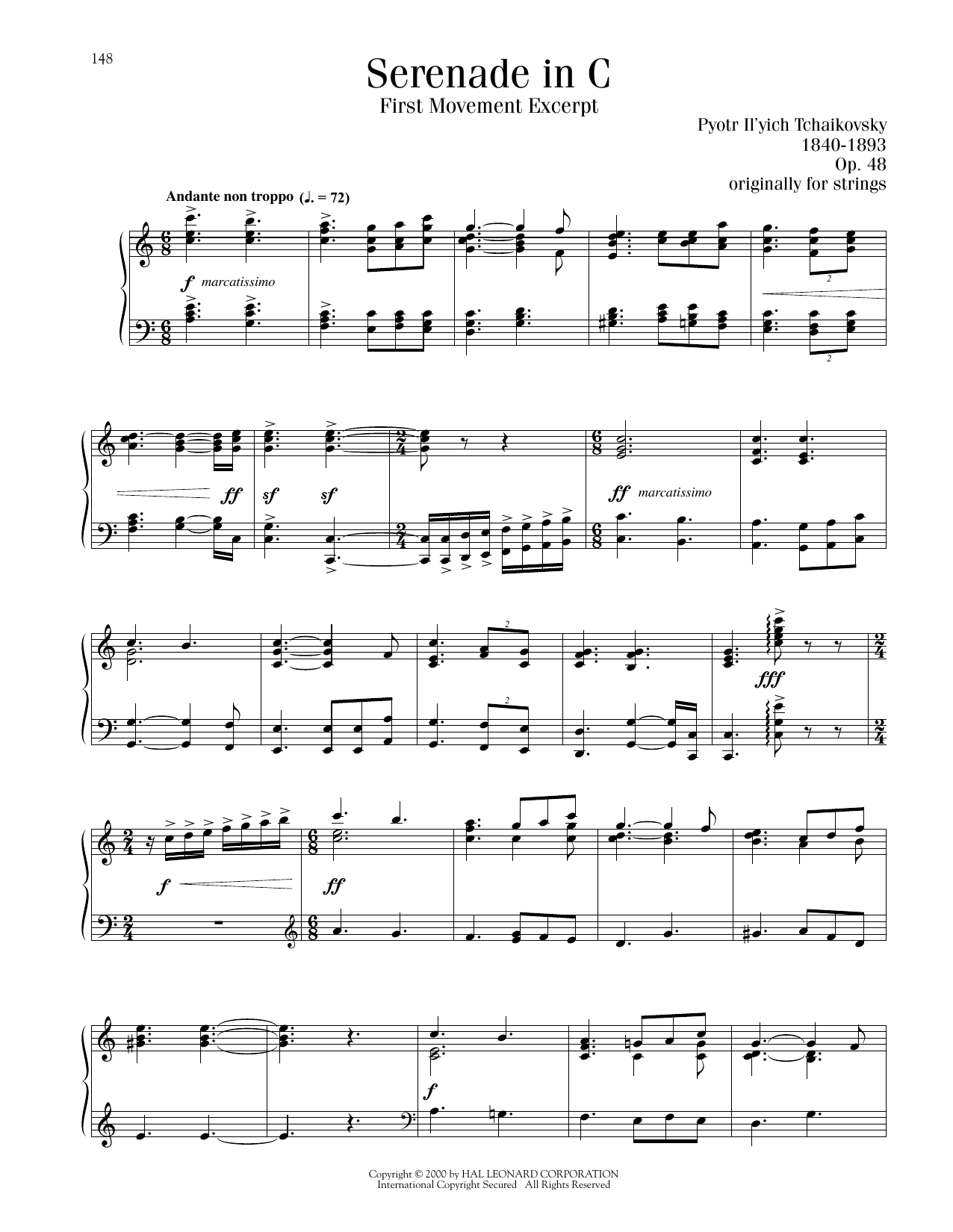 Download Pyotr Il'yich Tchaikovsky Serenade In C, Op. 48, First Movement Excerpt Sheet Music and learn how to play Piano Solo PDF digital score in minutes