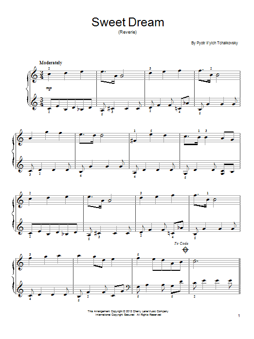 Download Pyotr Ilyich Tchaikovsky Sweet Dream (Douce Reverie), Op. 39, No. 21 Sheet Music and learn how to play Easy Piano PDF digital score in minutes