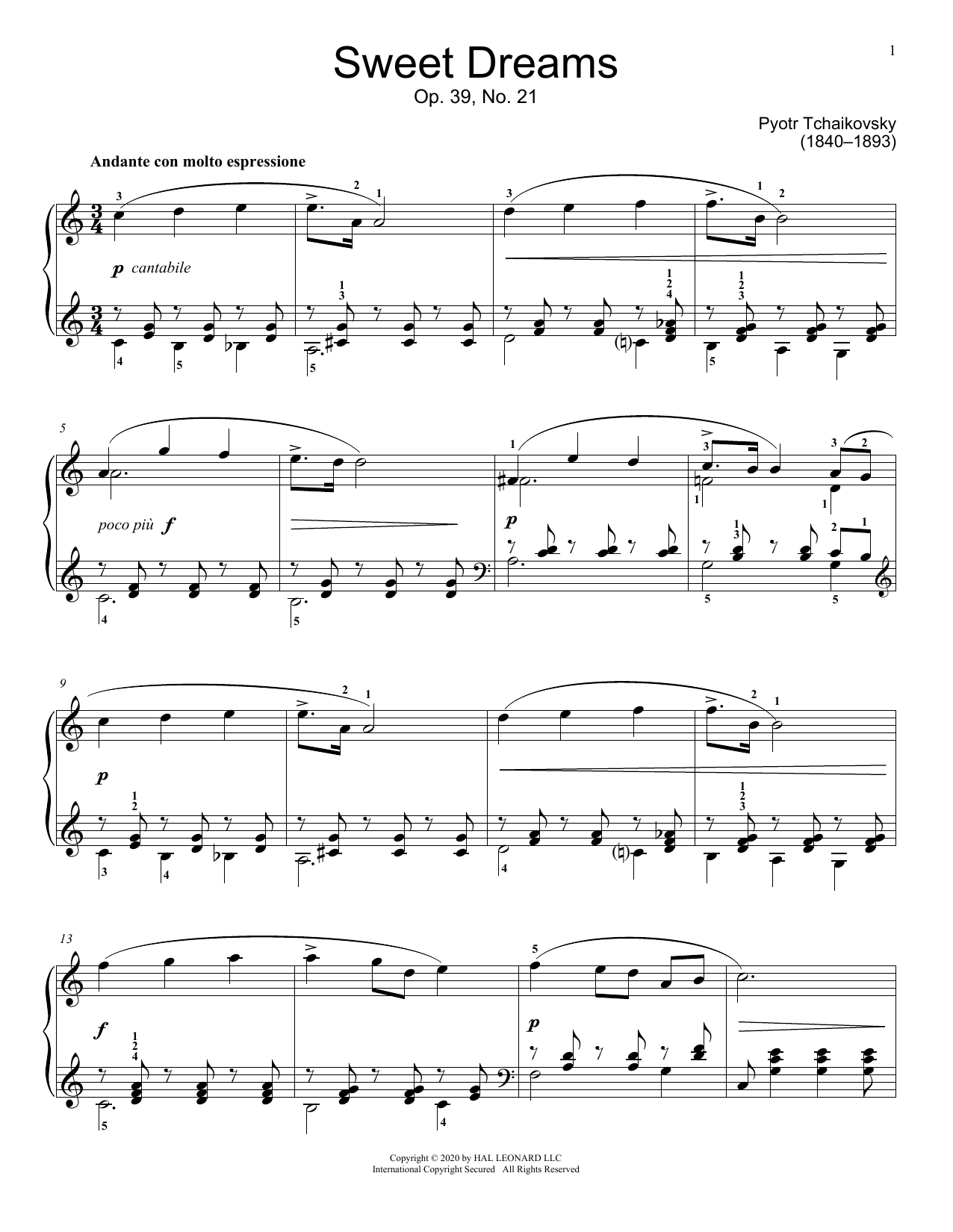 Download Pyotr Il'yich Tchaikovsky Sweet Dreams, Op. 39, No. 21 Sheet Music and learn how to play Educational Piano PDF digital score in minutes