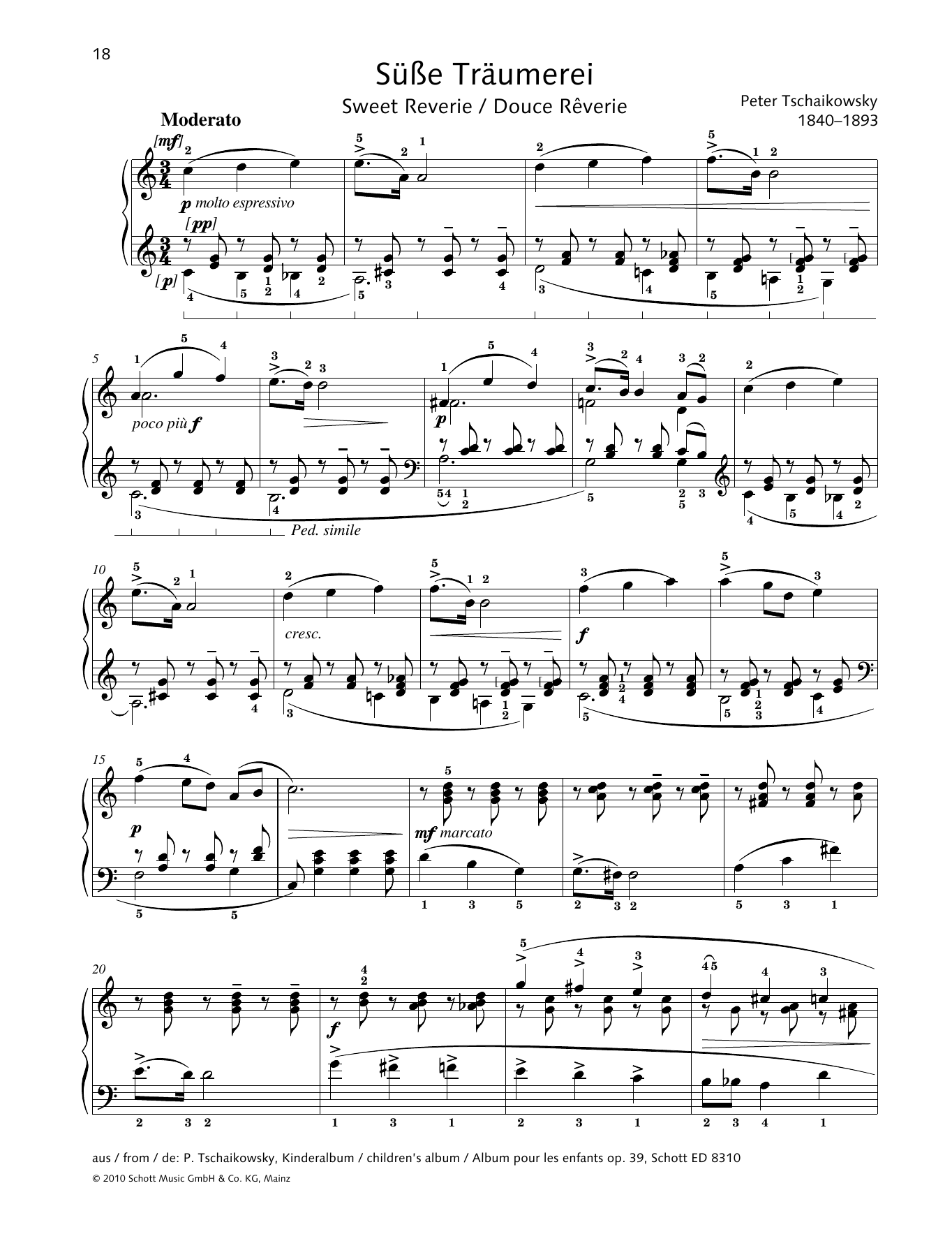 Download Pyotr Il'yich Tchaikovsky Sweet Reverie Sheet Music and learn how to play Piano Solo PDF digital score in minutes