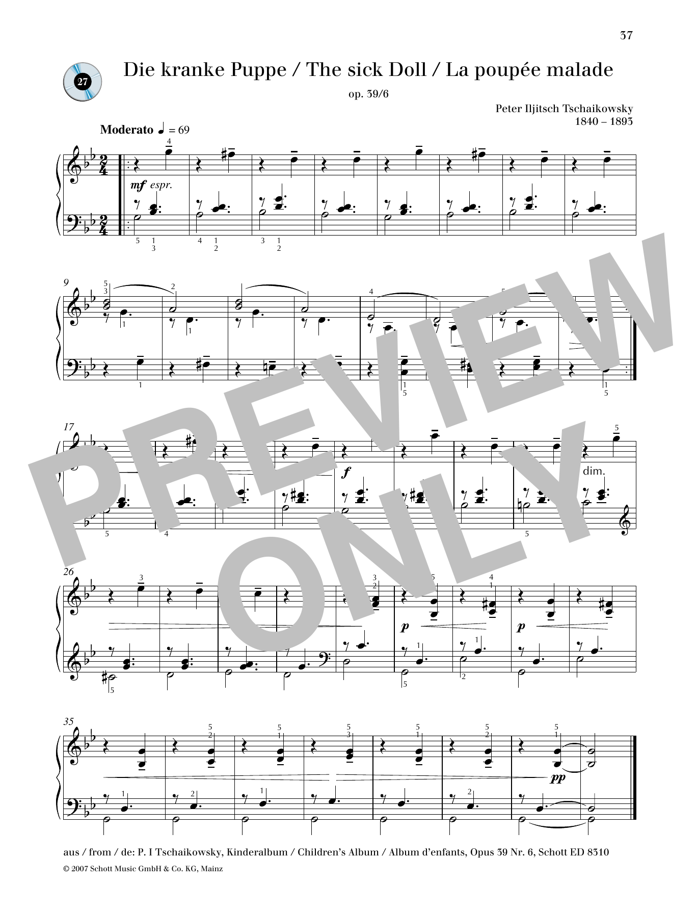 Download Pyotr Il'yich Tchaikovsky The Sick Doll Sheet Music and learn how to play Piano Solo PDF digital score in minutes