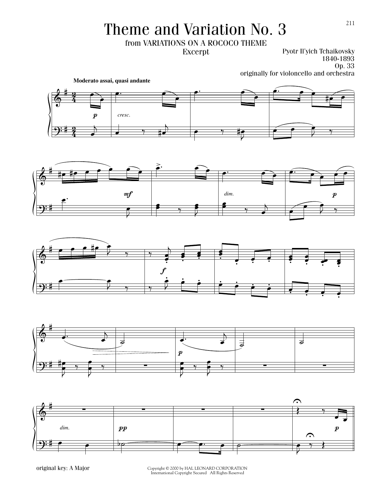 Download Pyotr Il'yich Tchaikovsky Theme And Variation No. 3, Op. 33 Sheet Music and learn how to play Piano Solo PDF digital score in minutes