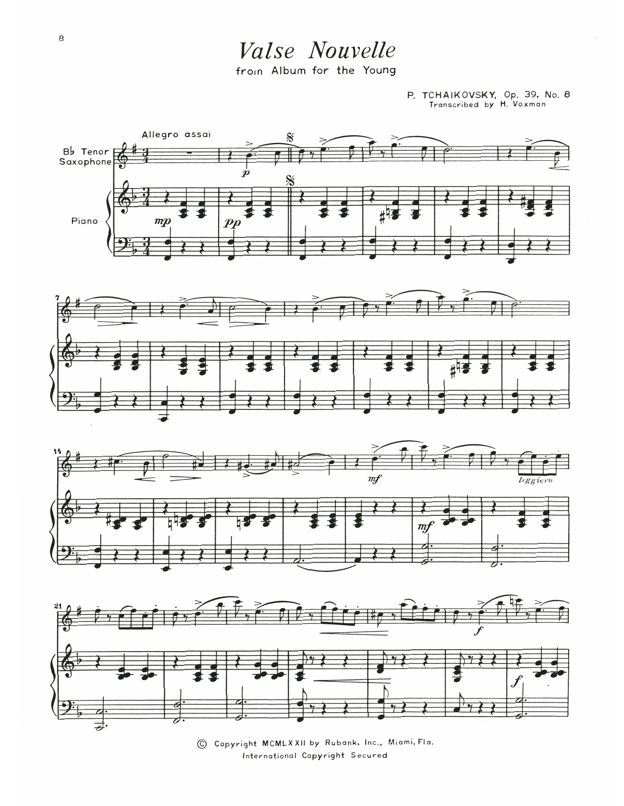 Download Pyotr Il'yich Tchaikovsky Valse Nouvelle Sheet Music and learn how to play Tenor Sax and Piano PDF digital score in minutes