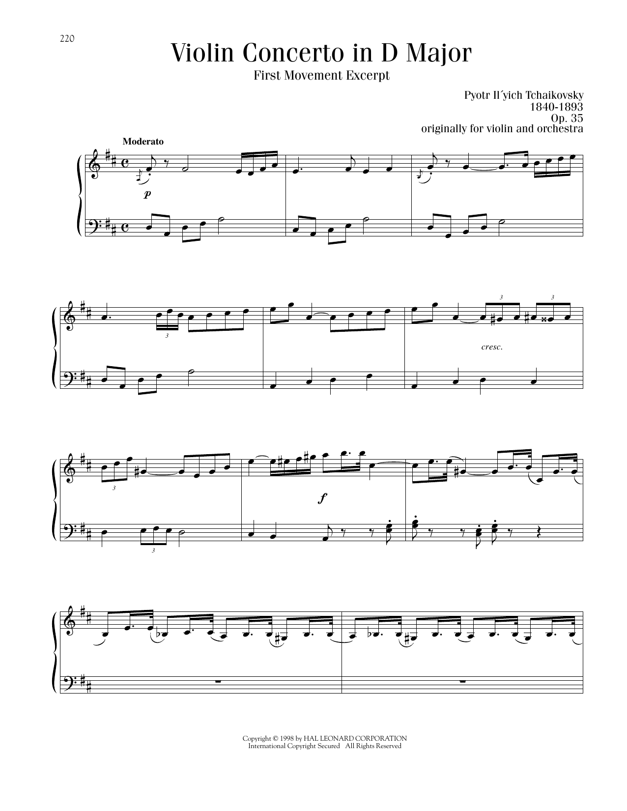 Download Pyotr Il'yich Tchaikovsky Violin Concerto in D Major, Op. 35, First Movement Excerpt Sheet Music and learn how to play Piano Solo PDF digital score in minutes