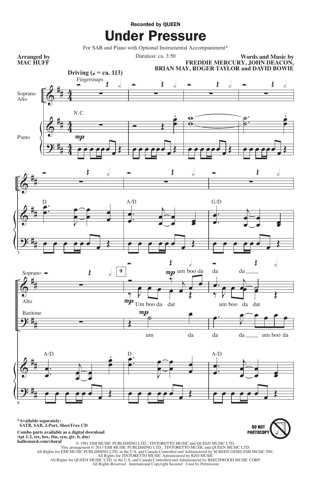 Download David Bowie Under Pressure (arr. Mac Huff) Sheet Music and learn how to play 2-Part Choir PDF digital score in minutes
