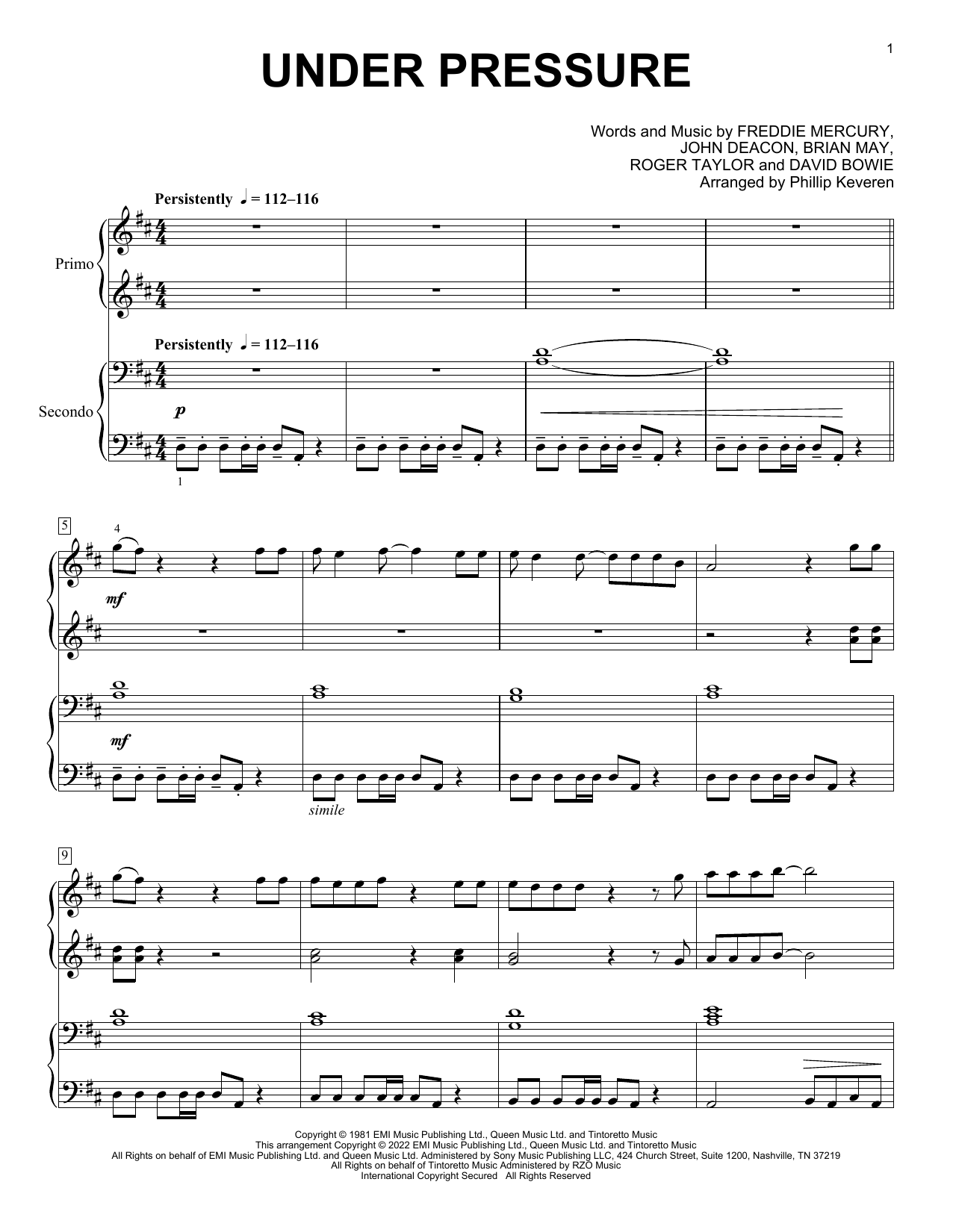 Download Queen & David Bowie Under Pressure (arr. Phillip Keveren) Sheet Music and learn how to play Piano Duet PDF digital score in minutes