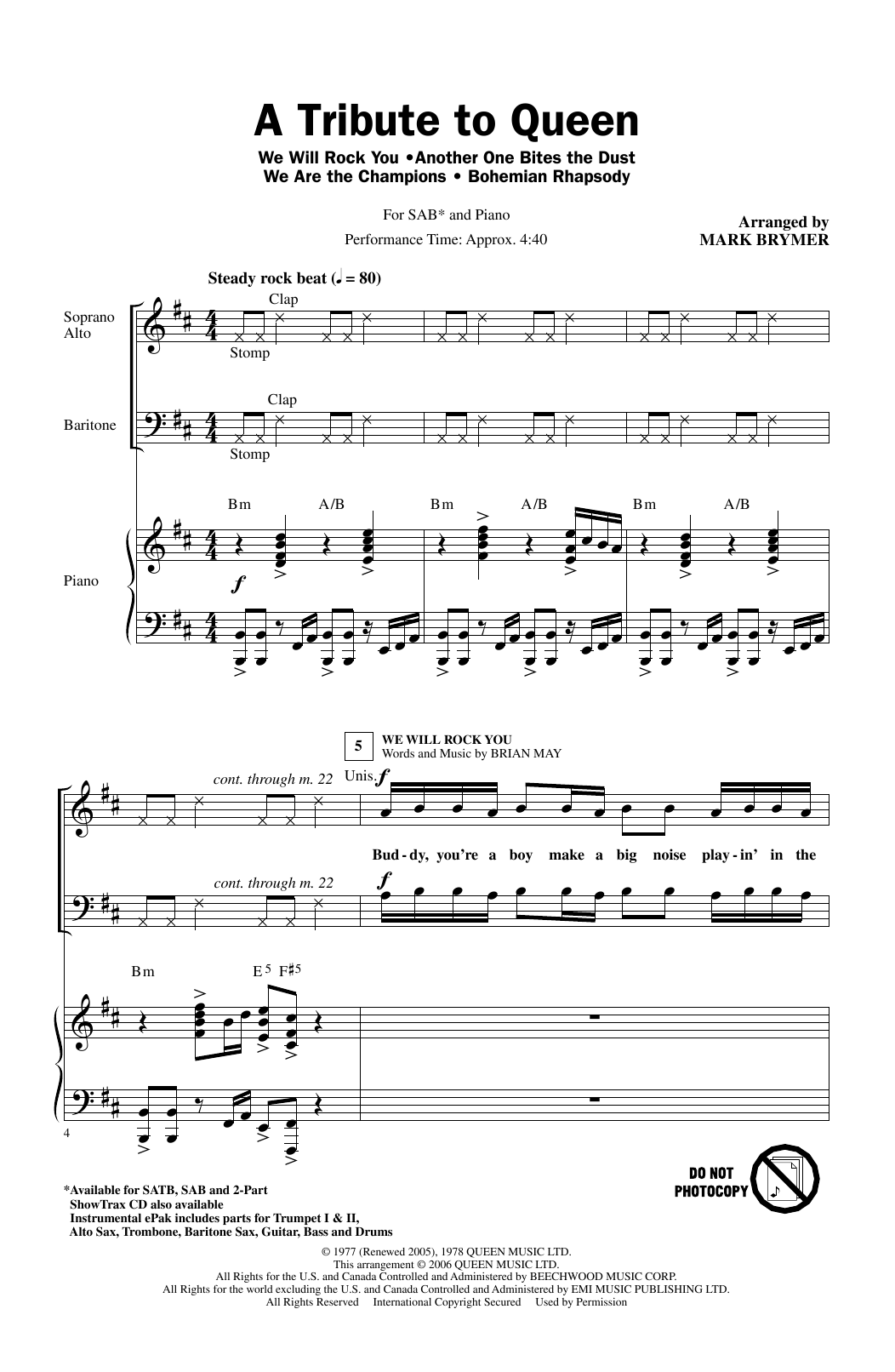 Download Queen A Tribute To Queen (Medley) (arr. Mark Brymer) Sheet Music and learn how to play SATB Choir PDF digital score in minutes
