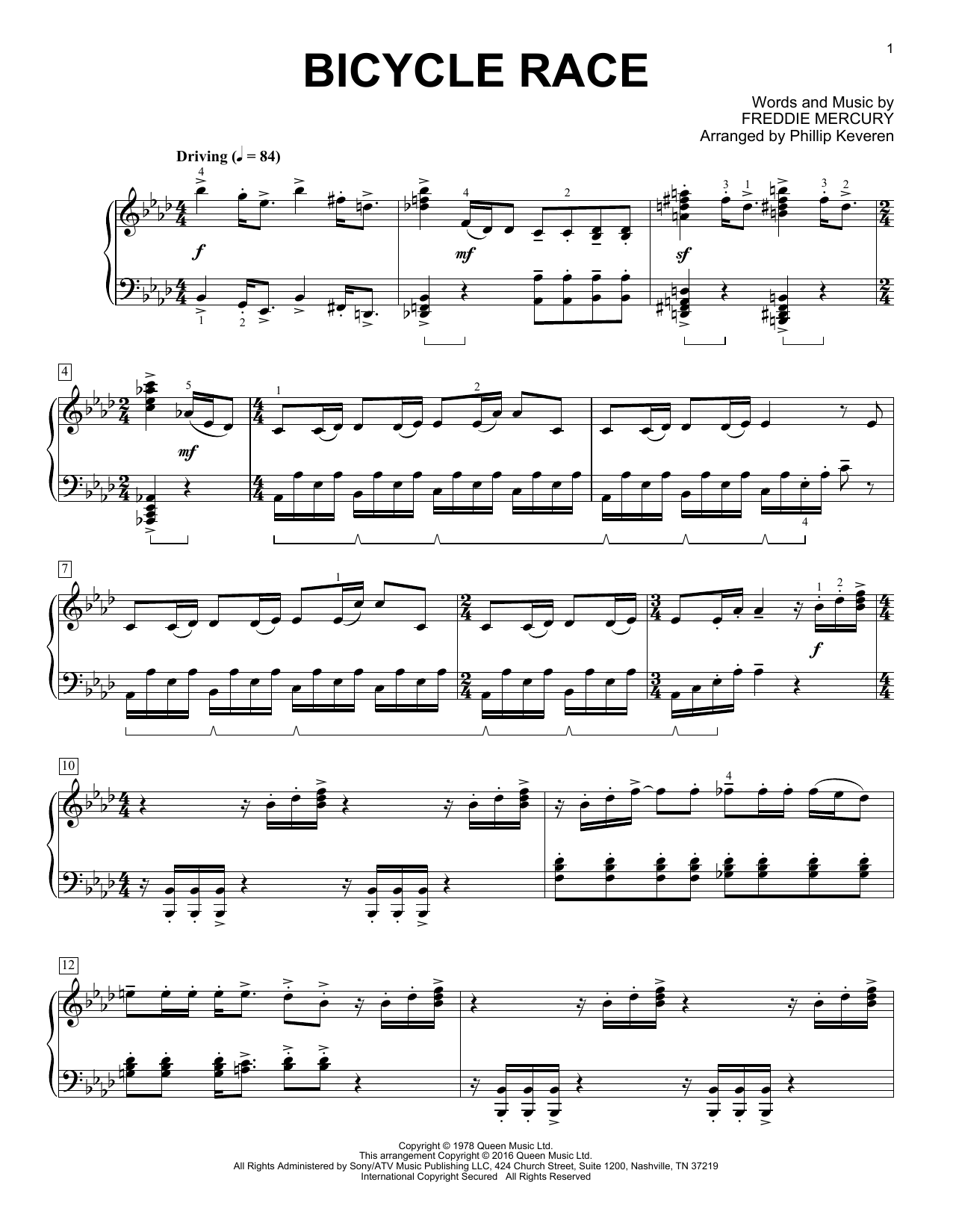 Download Queen Bicycle Race Sheet Music and learn how to play Piano PDF digital score in minutes