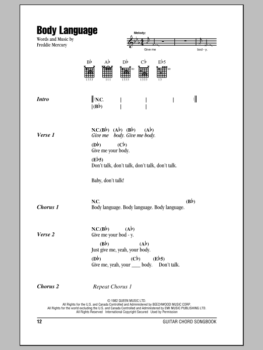 Download Queen Body Language Sheet Music and learn how to play Lyrics & Chords PDF digital score in minutes