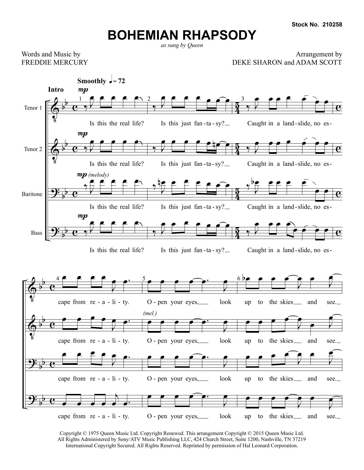 Download Queen Bohemian Rhapsody (arr. Deke Sharon and Adam Scott) Sheet Music and learn how to play TTBB Choir PDF digital score in minutes