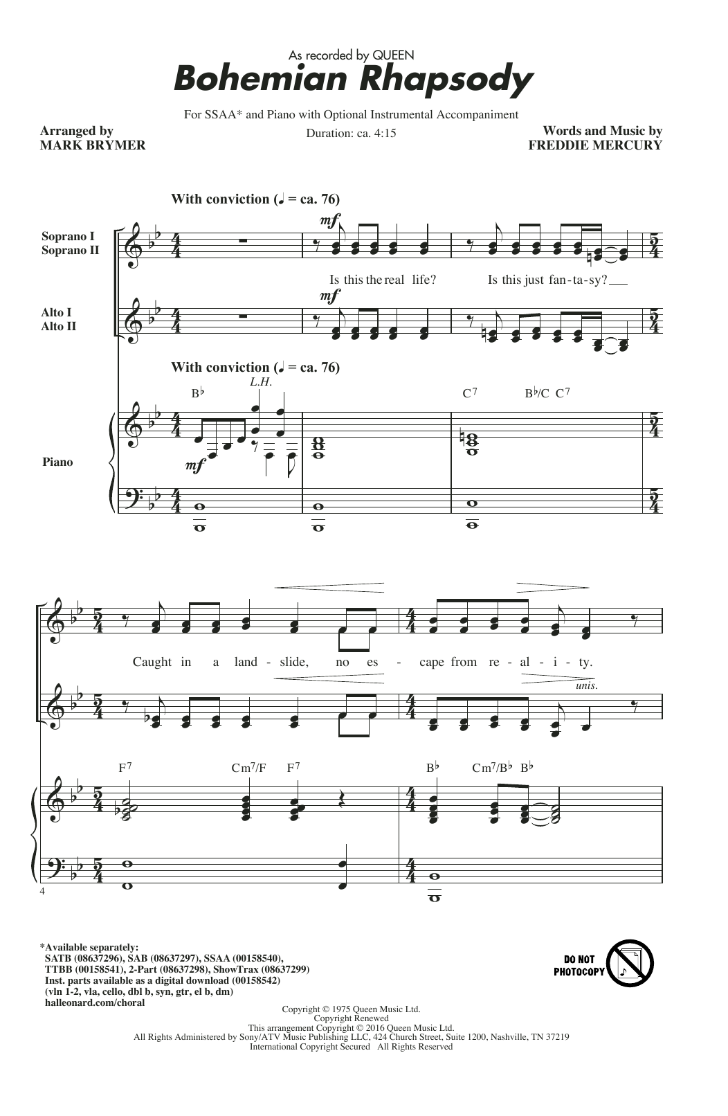 Download Queen Bohemian Rhapsody (arr. Mark Brymer) Sheet Music and learn how to play 2-Part Choir PDF digital score in minutes