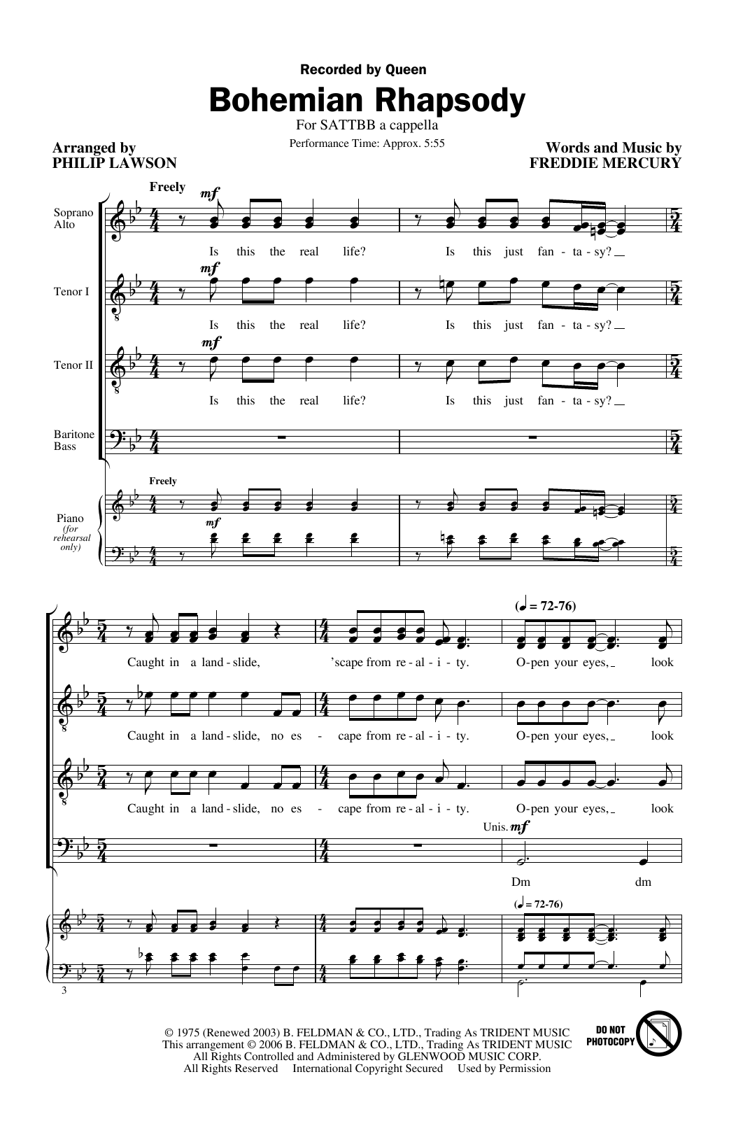 Download Queen Bohemian Rhapsody (arr. Philip Lawson) Sheet Music and learn how to play SATB Choir PDF digital score in minutes