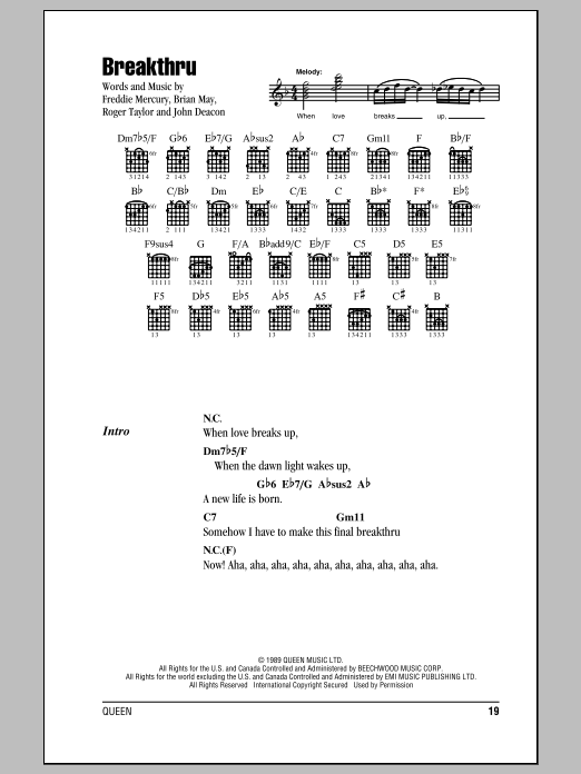 Download Queen Breakthru Sheet Music and learn how to play Really Easy Piano PDF digital score in minutes