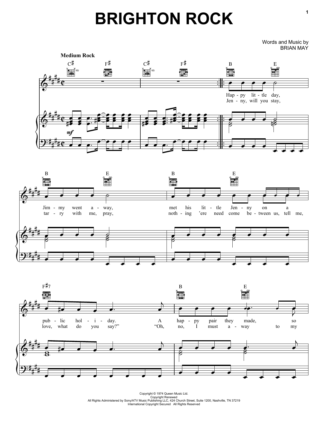 Download Queen Brighton Rock Sheet Music and learn how to play Piano, Vocal & Guitar (Right-Hand Melody) PDF digital score in minutes