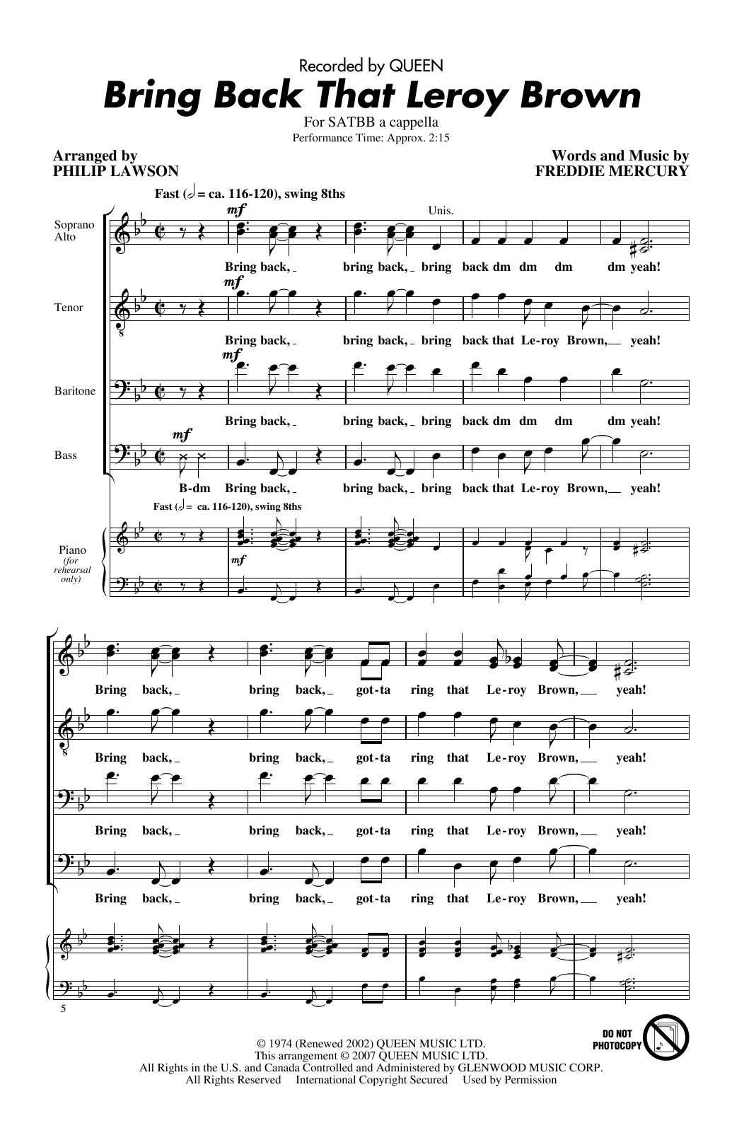 Download Queen Bring Back That Leroy Brown (arr. Philip Lawson) Sheet Music and learn how to play SATB Choir PDF digital score in minutes