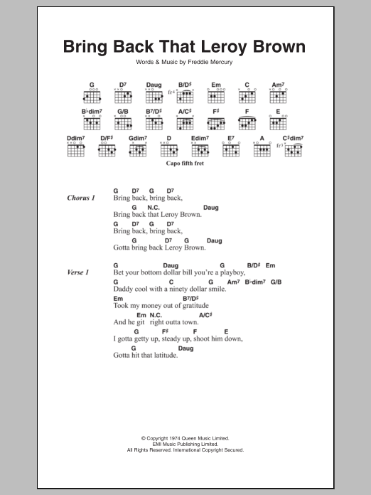 Download Queen Bring Back That Leroy Brown Sheet Music and learn how to play Lyrics & Chords PDF digital score in minutes