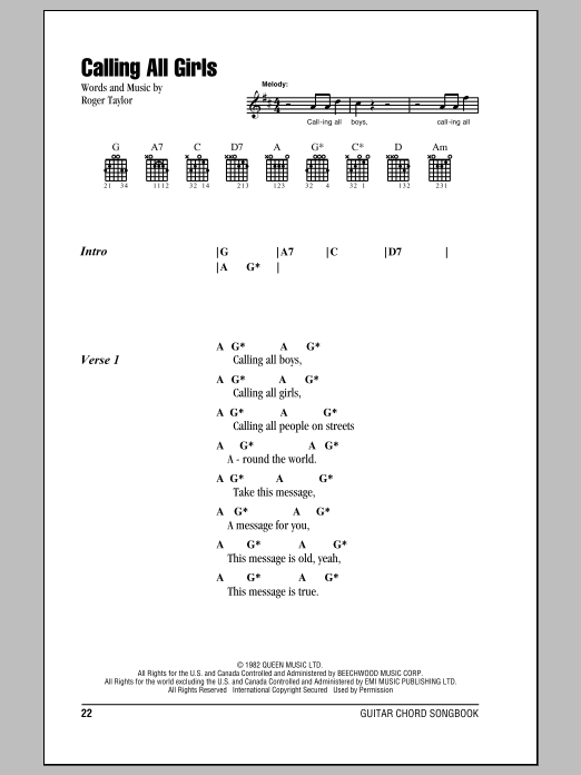 Download Queen Calling All Girls Sheet Music and learn how to play Lyrics & Chords PDF digital score in minutes