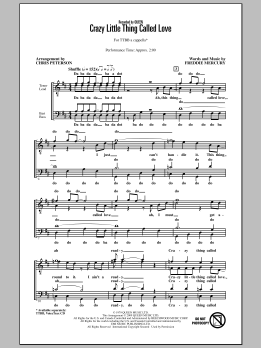 Download Queen Crazy Little Thing Called Love (arr. Chris Peterson) Sheet Music and learn how to play TTBB Choir PDF digital score in minutes