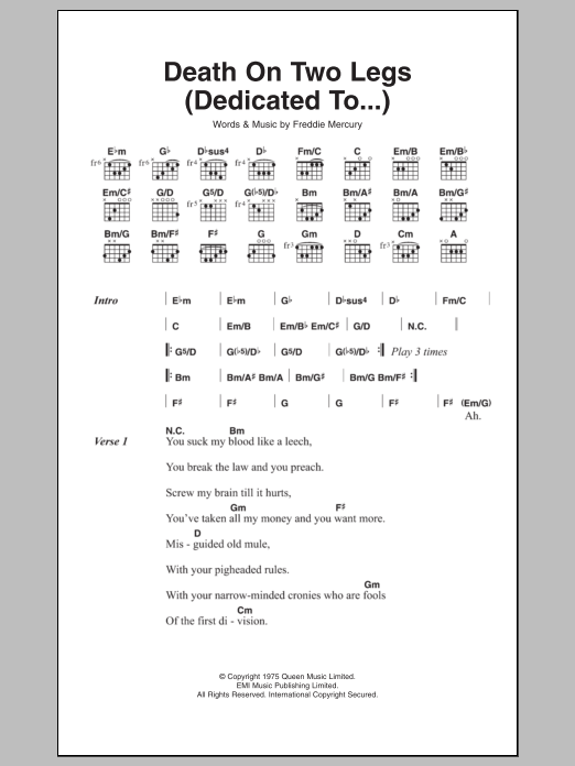 Download Queen Death On Two Legs (Dedicated To...) Sheet Music and learn how to play Lyrics & Chords PDF digital score in minutes