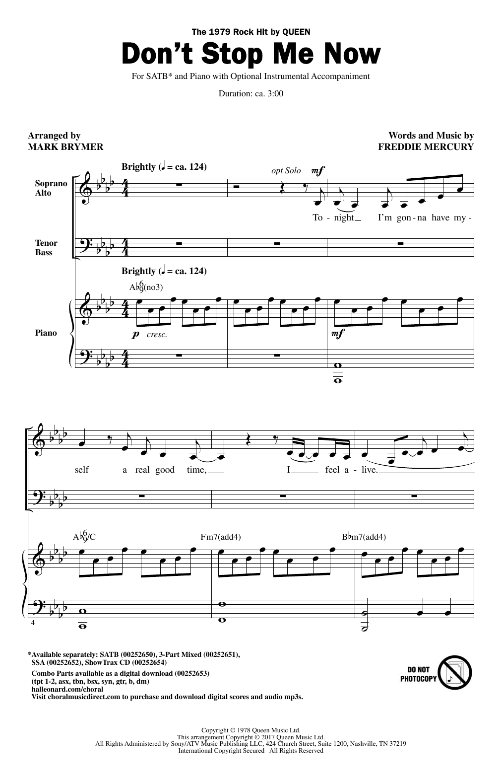 Download Mark Brymer Don't Stop Me Now Sheet Music and learn how to play 3-Part Mixed PDF digital score in minutes