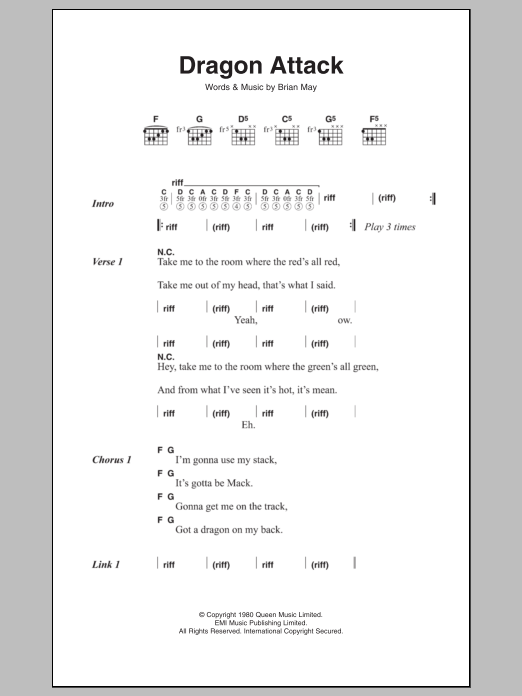 Download Queen Dragon Attack Sheet Music and learn how to play Lyrics & Chords PDF digital score in minutes