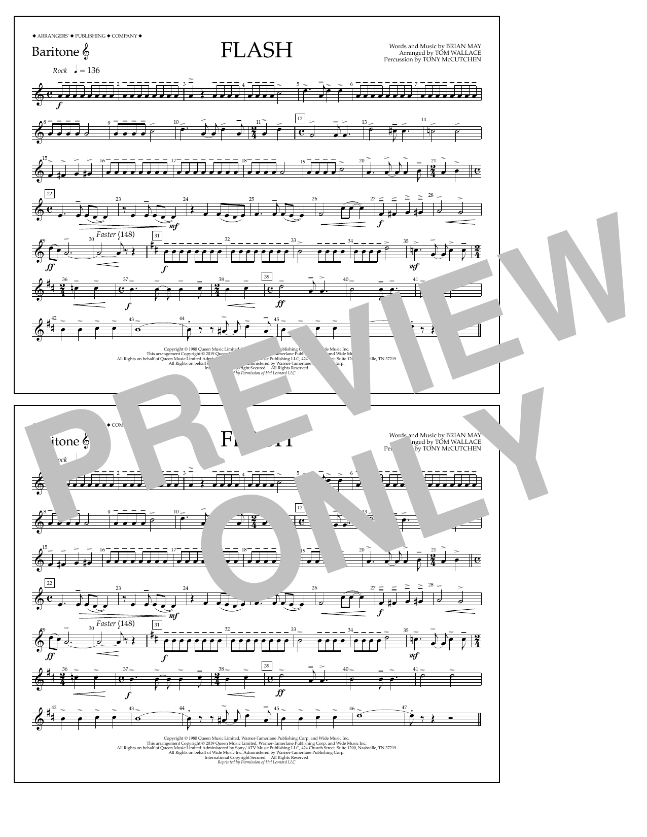 Download Queen Flash (arr. Tom Wallace) - Baritone T.C. Sheet Music and learn how to play Marching Band PDF digital score in minutes
