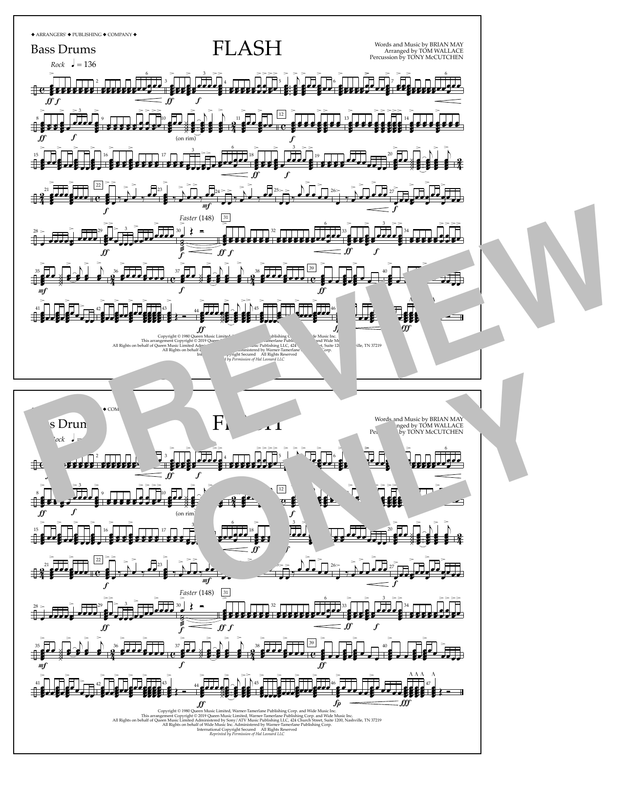 Download Queen Flash (arr. Tom Wallace) - Bass Drums Sheet Music and learn how to play Marching Band PDF digital score in minutes