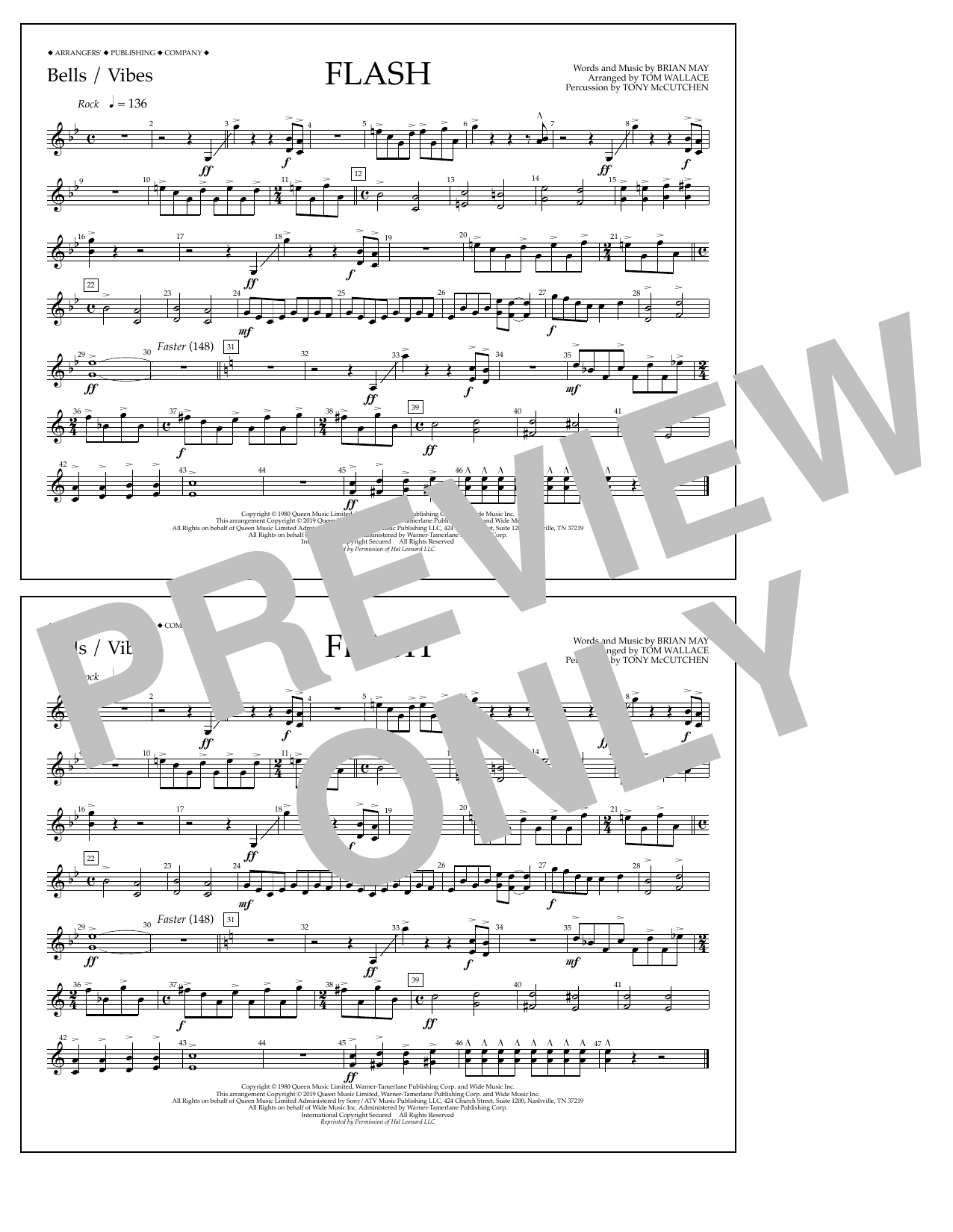 Download Queen Flash (arr. Tom Wallace) - Bells/Vibes Sheet Music and learn how to play Marching Band PDF digital score in minutes