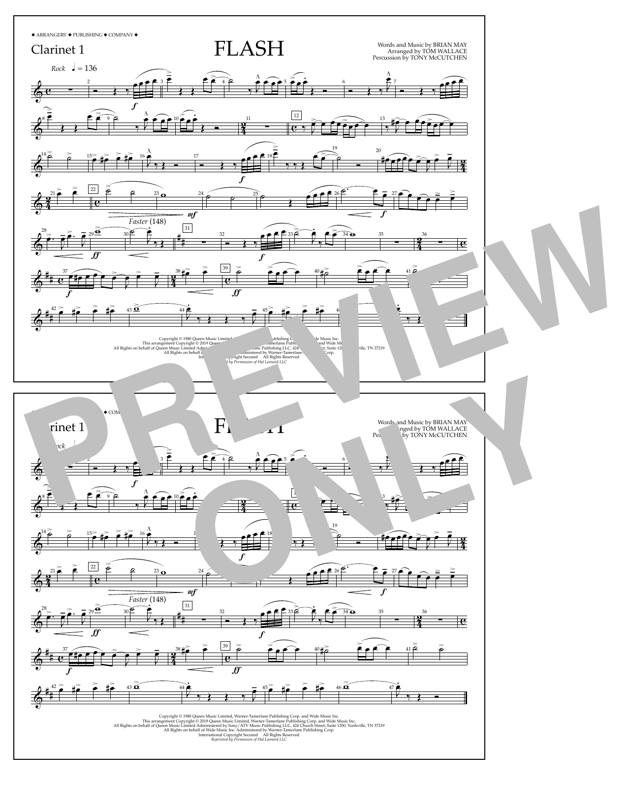 Download Queen Flash (arr. Tom Wallace) - Clarinet 1 Sheet Music and learn how to play Marching Band PDF digital score in minutes